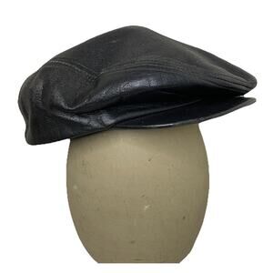 VTG MCM Capas Black ItalianLeather Flat Cap ~ Newsboy Driver Rocker Men M/L - 8”